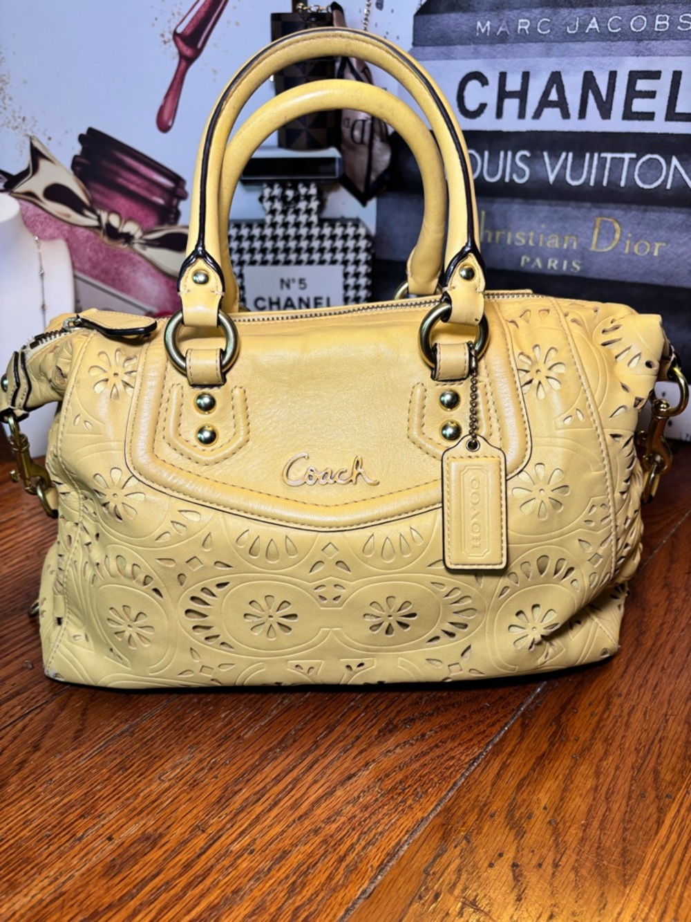 Coach F21029 Yellow Laser Cut Leather Satchel Crossbody Purse w/ Strap